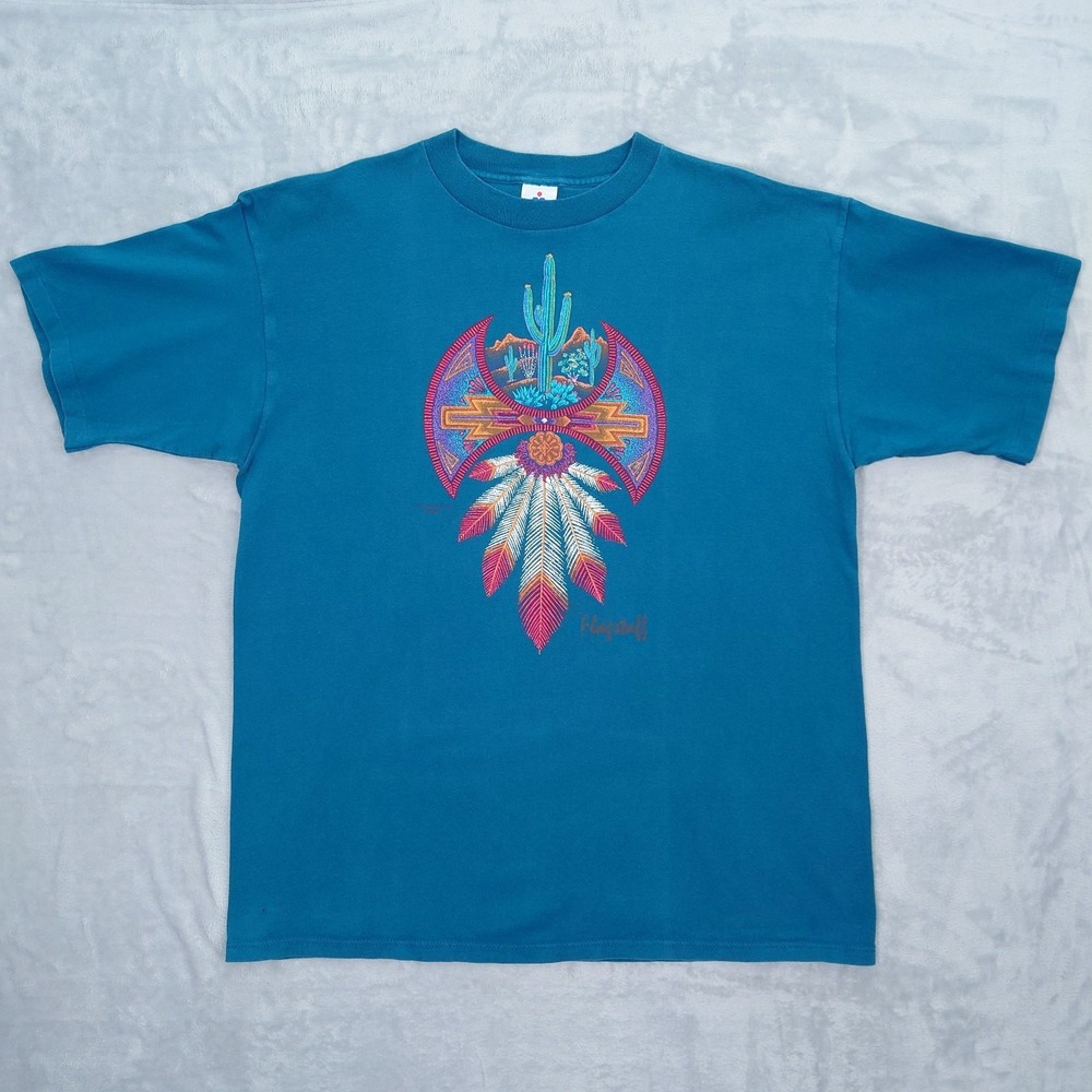 Vintage 90s Flagstaff Graphic T-Shirt Mens XL Aztec Feathers HL Miller Cotton T